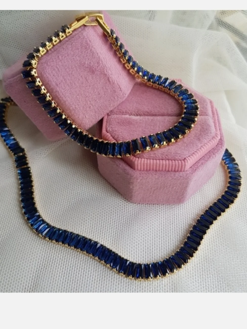 Swarovski Elements Gold Sapphire Blue Emerald-cut Baguette Tennis Necklace NEW